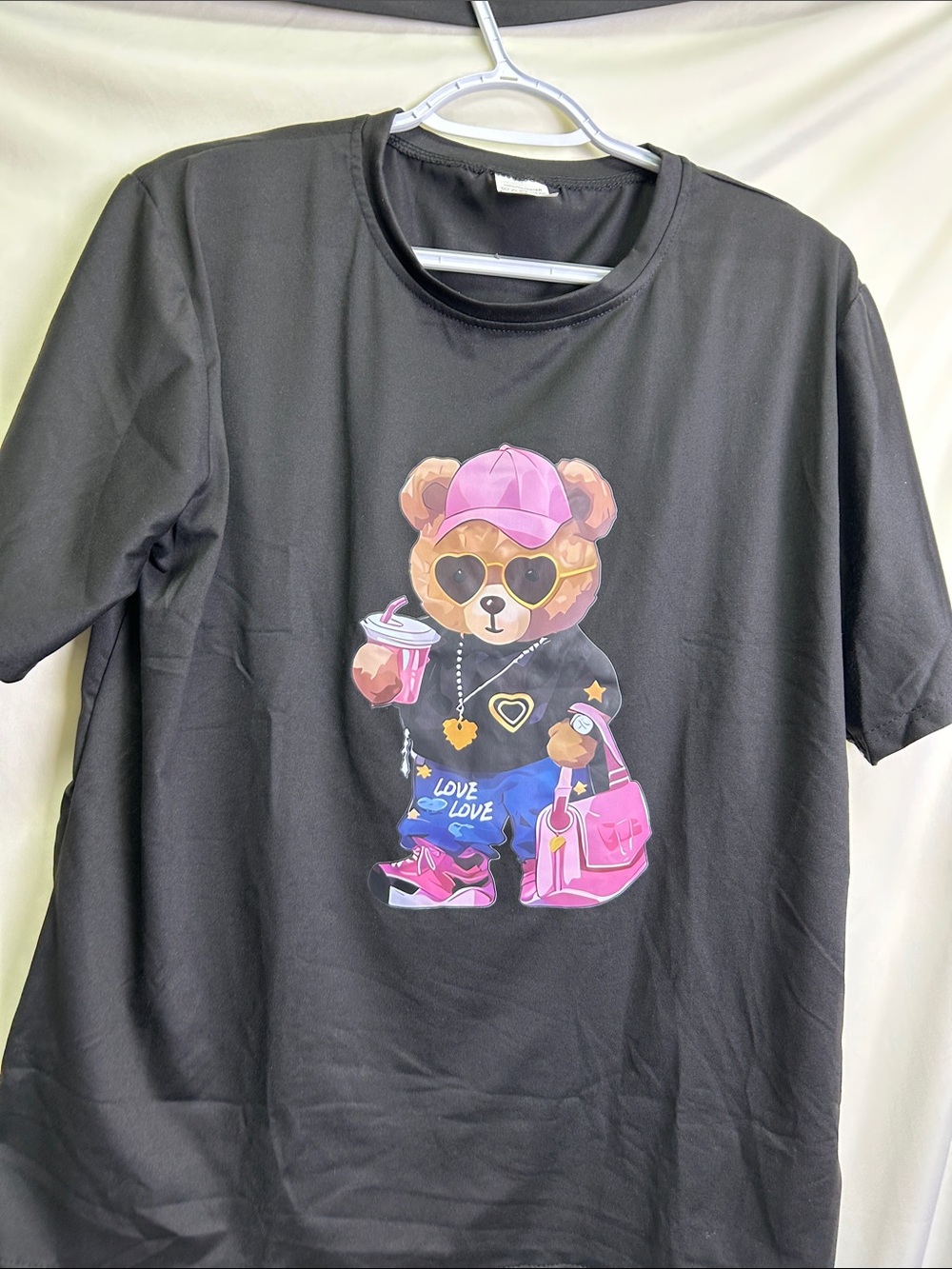Juniors Black Tee with Pink Bear Graphic and Accessories